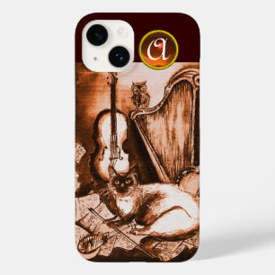MUSICAL CAT WITH OWL IN BROWN SEPIA GEM MONOGRAM Case-Mate iPhone 14 CASE