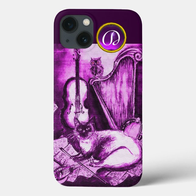 MUSICAL CAT WITH OWL IN PINK PURPLE GEM MONOGRAM Case-Mate iPhone CASE (Back)