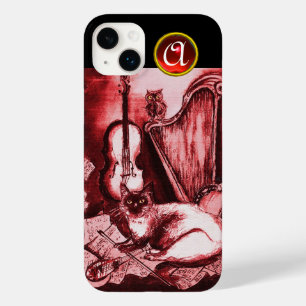 MUSICAL CAT WITH OWL IN RED RUBY GEM MONOGRAM Case-Mate iPhone 14 PLUS CASE