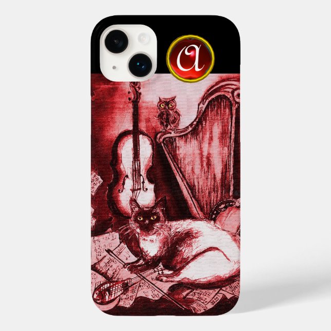 MUSICAL CAT WITH OWL IN RED RUBY GEM MONOGRAM Case-Mate iPhone CASE (Back)