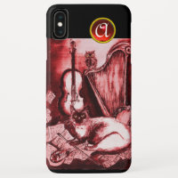 MUSICAL CAT WITH OWL IN RED RUBY GEM MONOGRAM