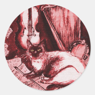 MUSICAL CAT WITH OWL ,Red ,White Classic Round Sticker