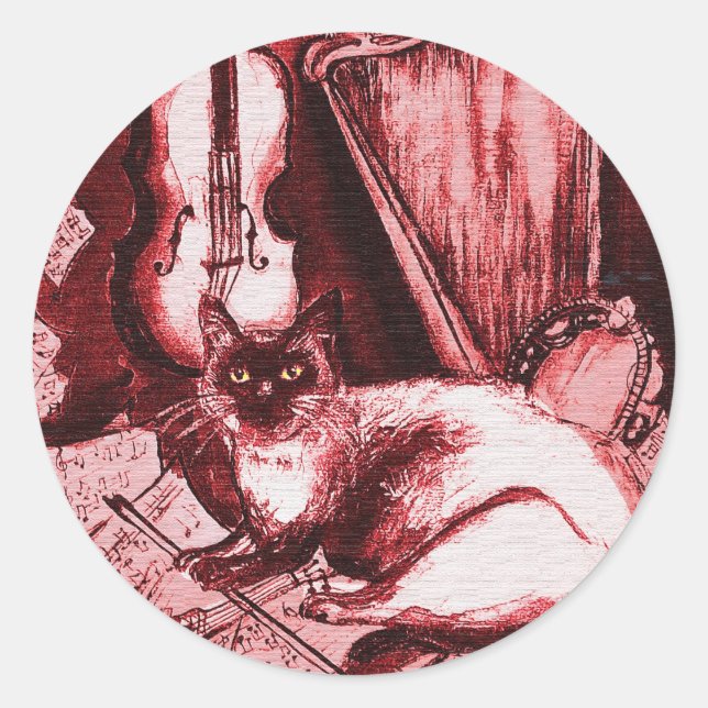 MUSICAL CAT WITH OWL ,Red ,White Classic Round Sticker (Front)