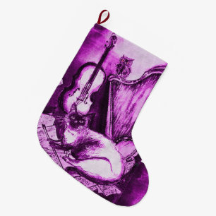 MUSICAL CAT WITH OWL VIOLIN AND HARP ,PURPLE WHITE LARGE CHRISTMAS STOCKING