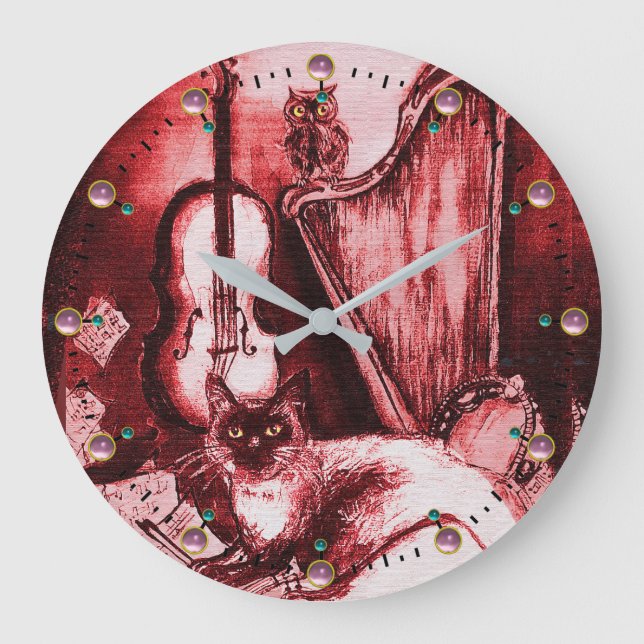 MUSICAL CAT WITH OWL VIOLIN AND HARP ,RED WHITE LARGE CLOCK (Front)