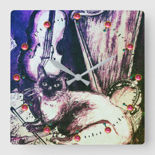 MUSICAL CAT WITH OWL VIOLIN AND HARP SQUARE WALL CLOCK
