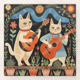 Musical Cats Folk Art Glass Coaster
