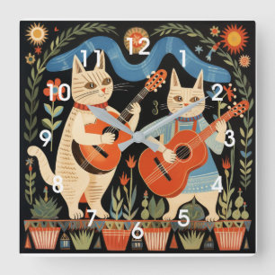 Musical Cats Folk Art Square Wall Clock