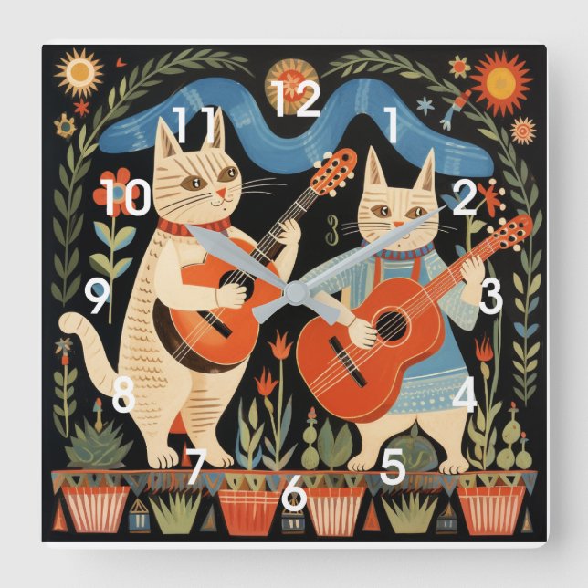 Musical Cats Folk Art Square Wall Clock (Front)