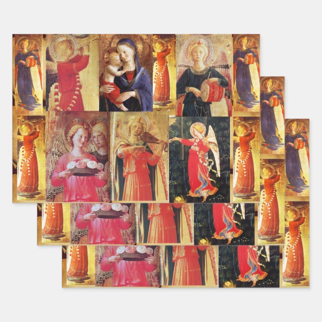 MUSICAL CHRISTMAS ANGELS AND MADONNA WITH CHILD  WRAPPING PAPER SHEET (Set)