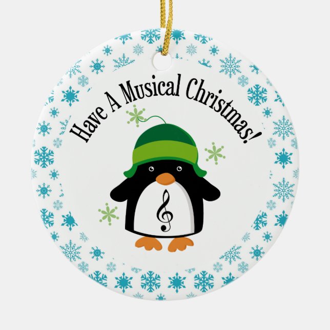 Musical Christmas Music Penguin Gift Ceramic Ornament (Front)