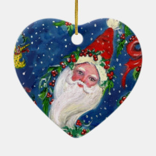 MUSICAL CHRISTMAS NIGHT,SANTA BUGLER Red Heart Ceramic Ornament