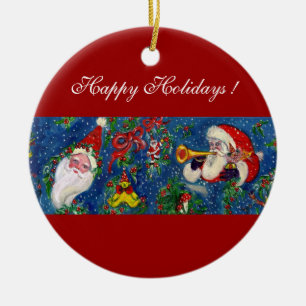 MUSICAL CHRISTMAS NIGHT,SANTA BUGLER Red Heart Ceramic Ornament