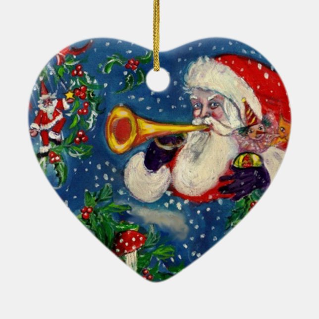 MUSICAL CHRISTMAS NIGHT,SANTA BUGLER Red Heart Ceramic Ornament (Back)