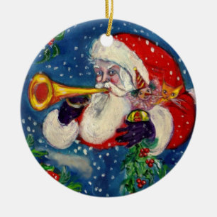 MUSICAL CHRISTMAS NIGHT /SANTA CLAUS BUGLER CERAMIC ORNAMENT