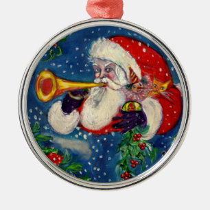 MUSICAL CHRISTMAS NIGHT /SANTA CLAUS BUGLER METAL ORNAMENT