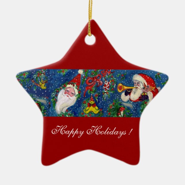 MUSICAL CHRISTMAS NIGHT SANTA CLAUS PORTRAIT Star Ceramic Ornament (Front)