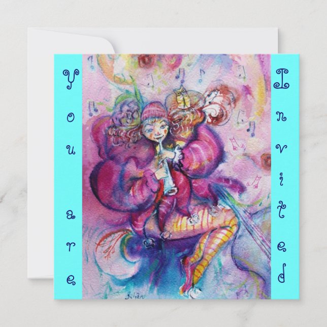 MUSICAL CLOWN ,pink blue turquoise blue Invitation (Front)