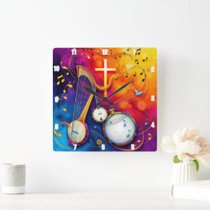 Musical Cross Colourful Abstract Harp Banjo Drum Square Wall Clock