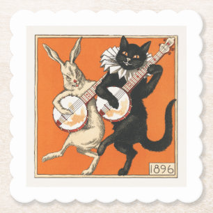Musical Dancing Rabbit and Cat  Paper Coaster