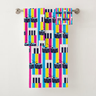 Musical Drums Piano Keys Colourful Stripes  Bath Towel Set