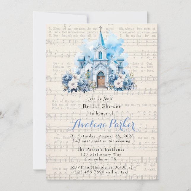 Musical Dusty Blue Church Bridal Shower Invitation (Front)