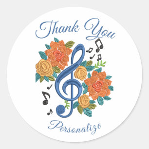 Musical Floral Thank You Personalized Design Classic Round Sticker