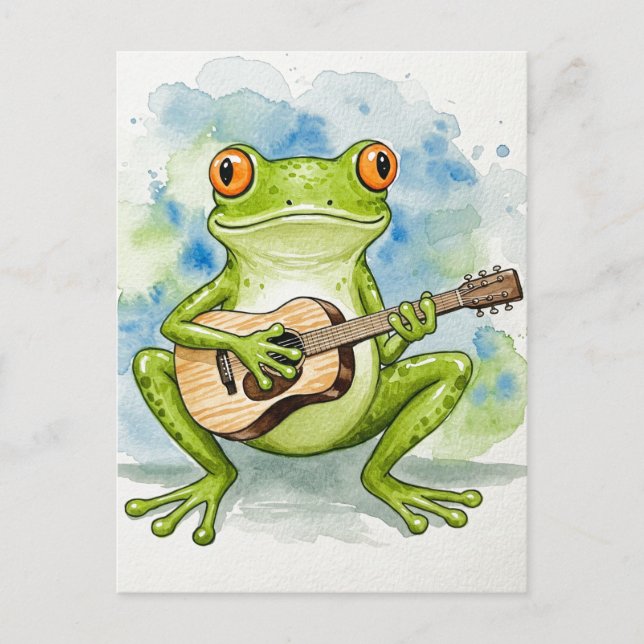 Musical Frog Watercolor Postcard for Postcrossing (Front)