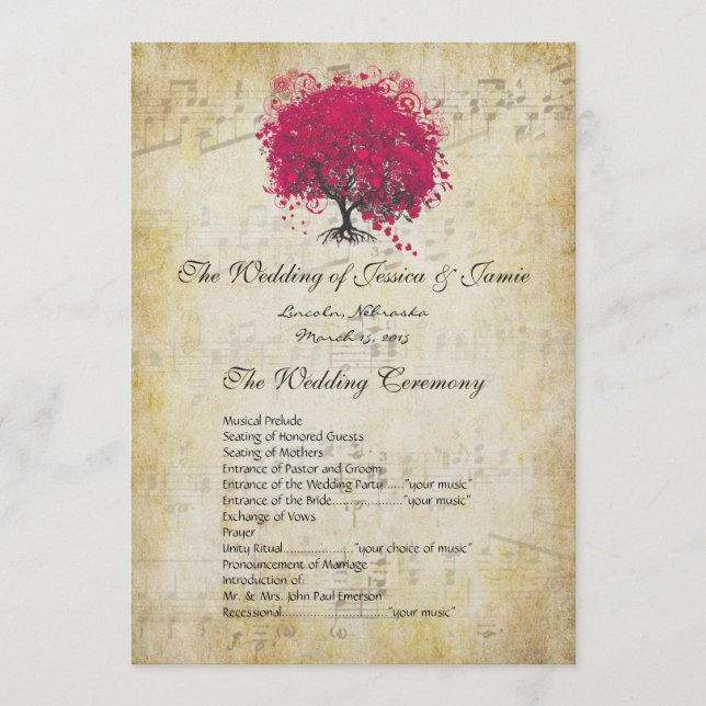 Musical Fuchsia Heart Leaf Tree Wedding Program (Front)
