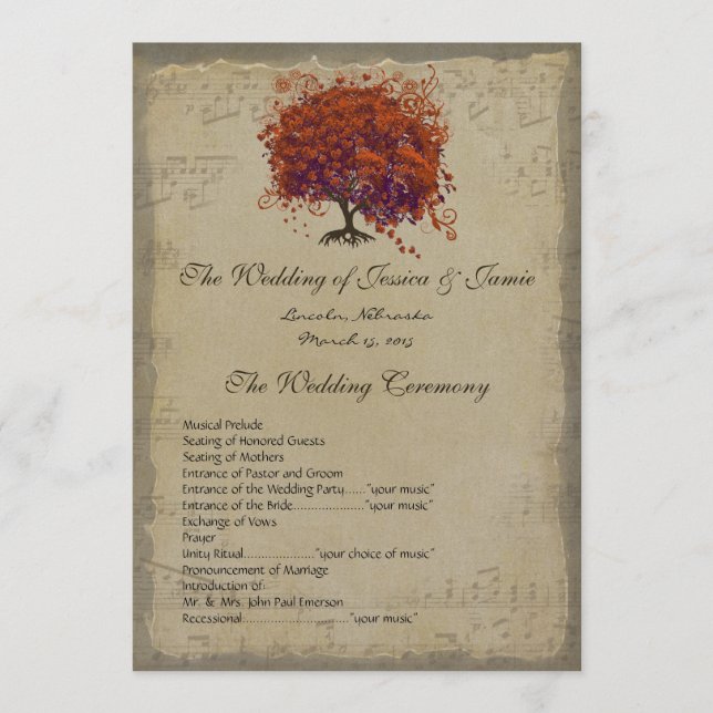 Musical Gold Dark Coral Heart Tree Wedding Program (Front)