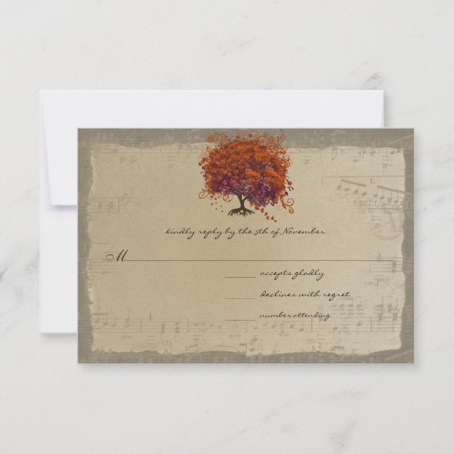 Musical Gold Dark Orange Plum Heart Leaf Tree RSVP Card (Front)