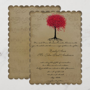 Musical Gold Red Heart Leaf Tree Wedding Invite