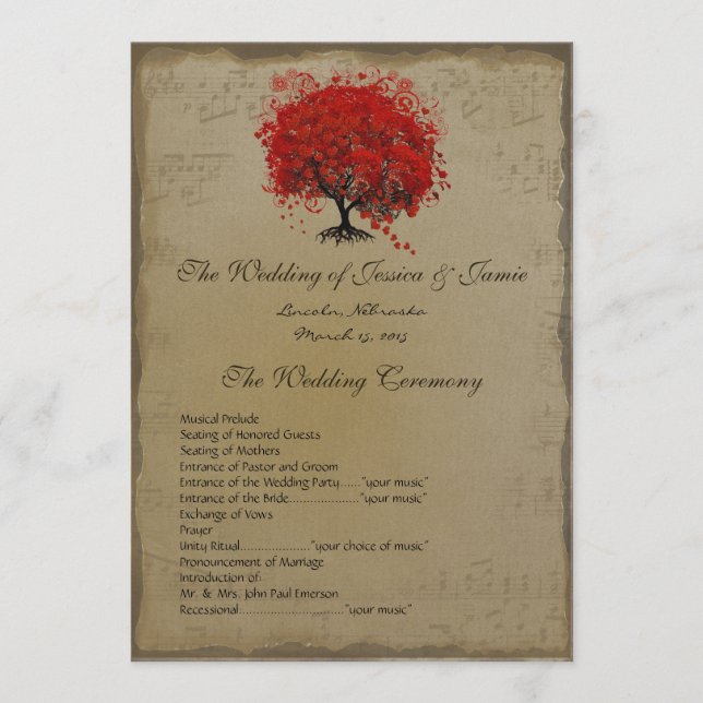 Musical GoldRed Heart Tree Wedding Program (Front)