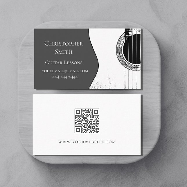Musical Guitar Lessons QR Code Modern Grey Business Card (Creator Uploaded)