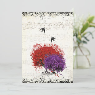 Musical Heart Leaf Red Tree Vintage Birds Wedding Invitation
