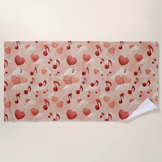 Musical Hearts and Clouds Valentines Pattern Beach Towel (Front)