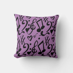 Musical Hearts and Script Doodles Purple Throw Pillow