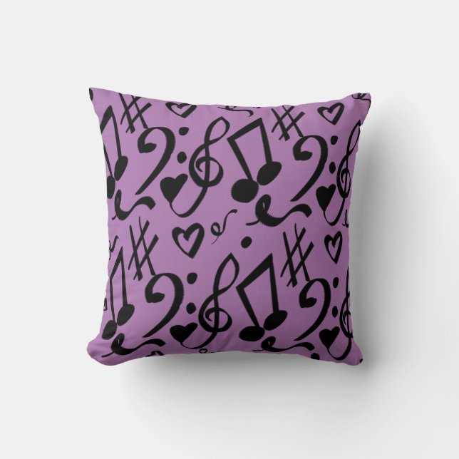 Musical Hearts and Script Doodles Purple Throw Pillow (Front)