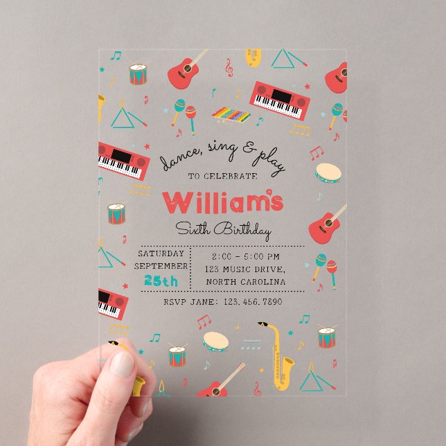 Musical Instruments Music Theme Birthday Party Acrylic Invitations (Insitu (Handheld))