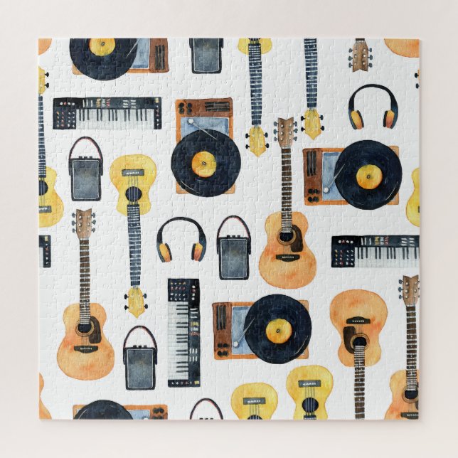 Musical Instruments: Seamless Watercolor Jigsaw Puzzle (Vertical)