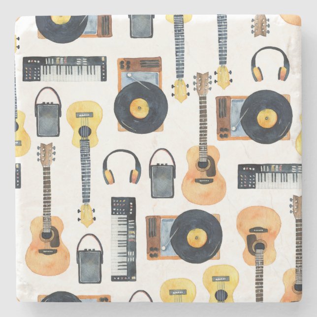 Musical Instruments: Seamless Watercolor Stone Coaster (Front)