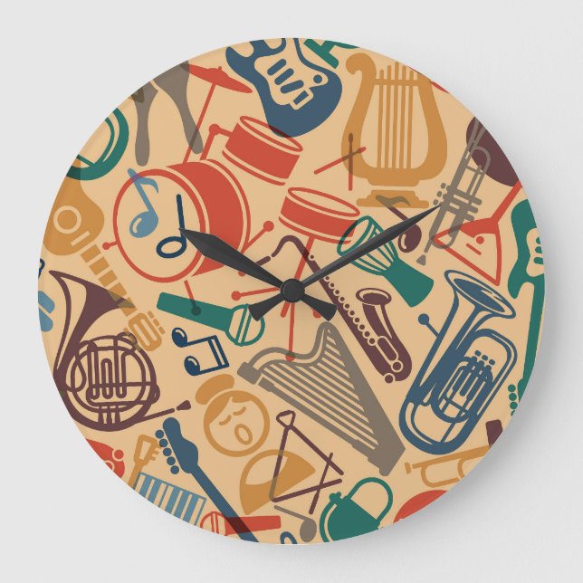 Musical Instruments Vintage Seamless Background Large Clock (Front)