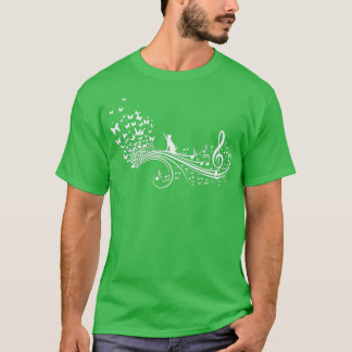 Musical Music Notes With Cat Butterflies I Ladies T-Shirt