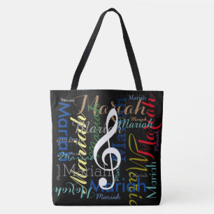 musical note & colourful names, black tote bag
