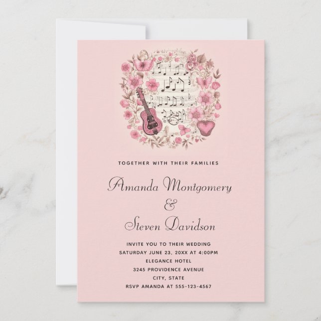 Musical Notes and Flowers Vintage Style Wedding Invitation (Front)