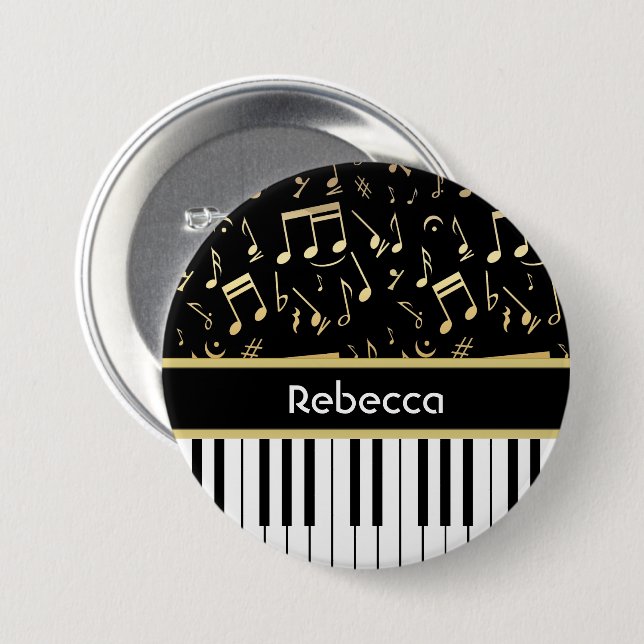 Musical Notes and Piano Keys Black and Gold 3 Inch Round Button (Front & Back)