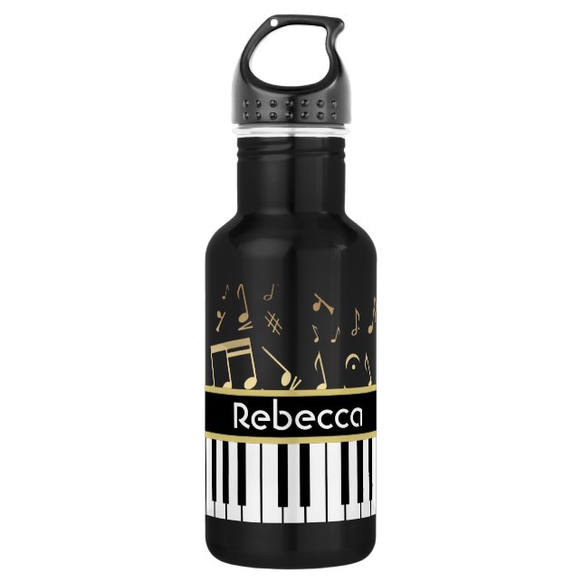 Musical Notes and Piano Keys Black and Gold 532 Ml Water Bottle (Front)
