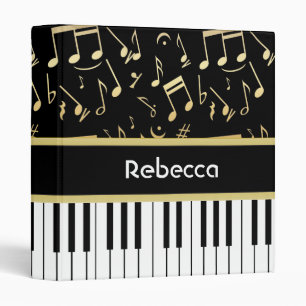 Musical Notes and Piano Keys Black and Gold Binder