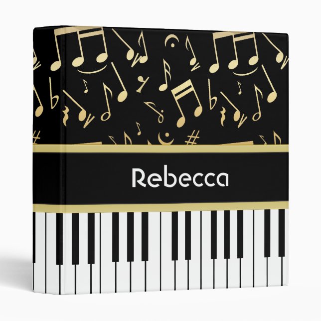 Musical Notes and Piano Keys Black and Gold Binder (Front/Spine)