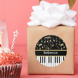 Musical Notes and Piano Keys Black and Gold Classic Round Sticker